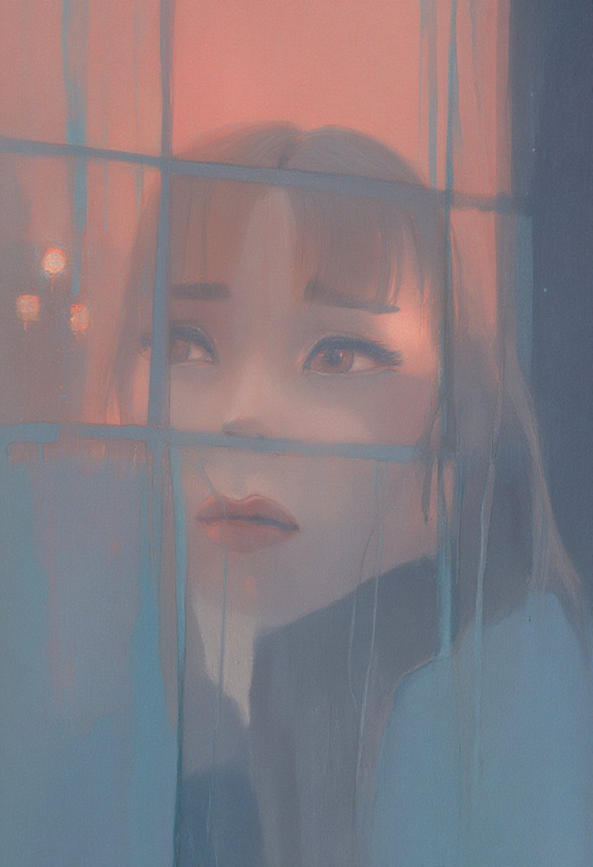 softwatercolor painting of a woman looking through a rain-streaked windowpane. The focus is atmospheric,  with blurred ref...