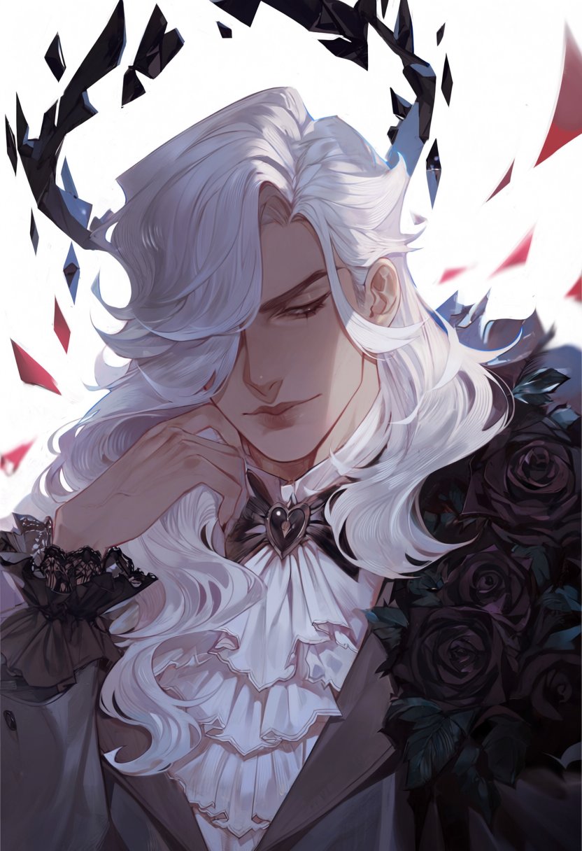 shu8a,  1boy,  rose court angel with white hair by MissFidonyo on Tensor.Art