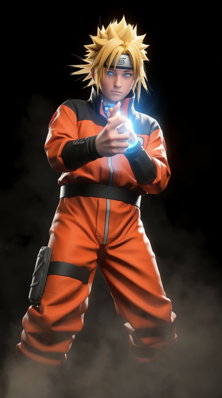 Uzumaki Naruto,  vibrant orange and black shinobi attire,  standing dynamically with a determined expression. Bright blue...