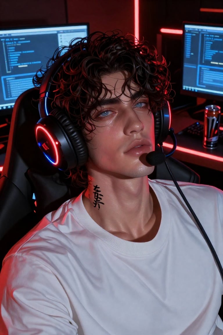 semi-realistic manhwa,  a dramatic low-angle close-up portrait of a handsome young man reclined in a gaming chair at night...