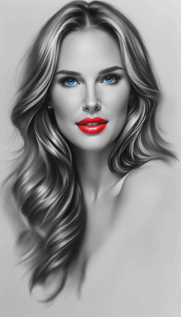 Charcoal sketch capturing a full body portrait of a young woman resembling Heidi Klum,  cascading wavy hair frames her fac...