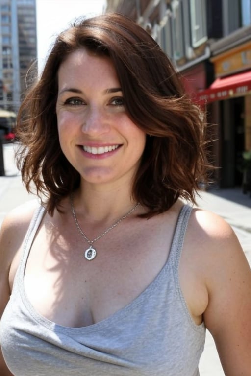 A raw,  candid medium shot photograph of a natural 36-year-old woman walking down a city street on a crisp afternoon. She...