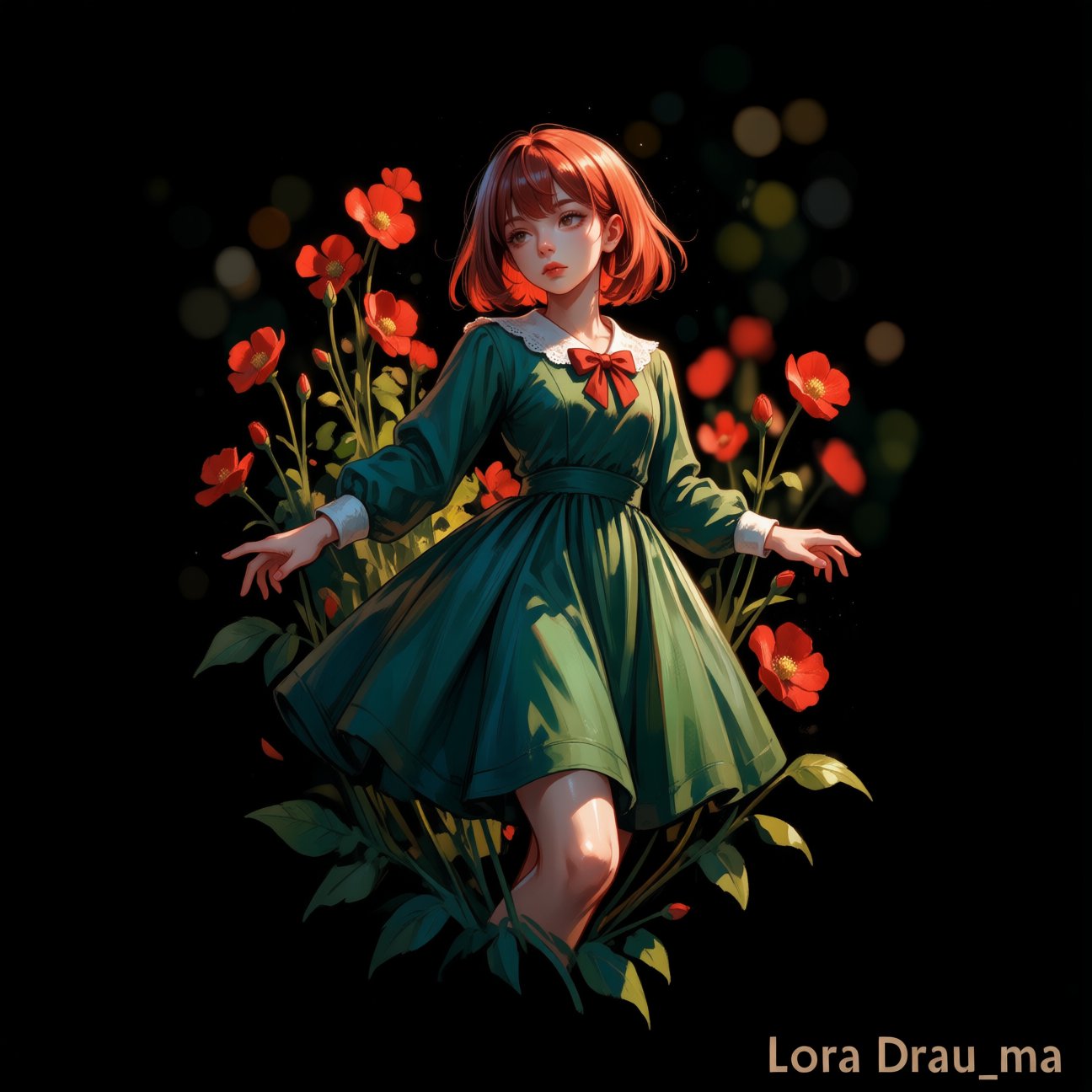 Create an illustration with exquisite lighting and composition. The image depicts a stylized illustration of a young girl...