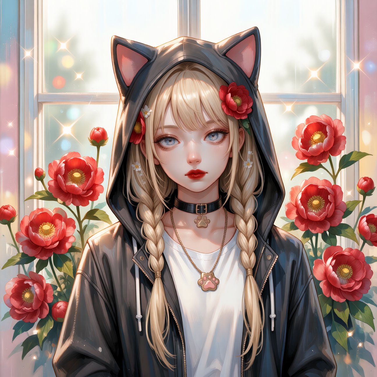 A Japanese shojo manga magazine cover illustration,  composition pastel background with sparkles,  sweet theme throughout....