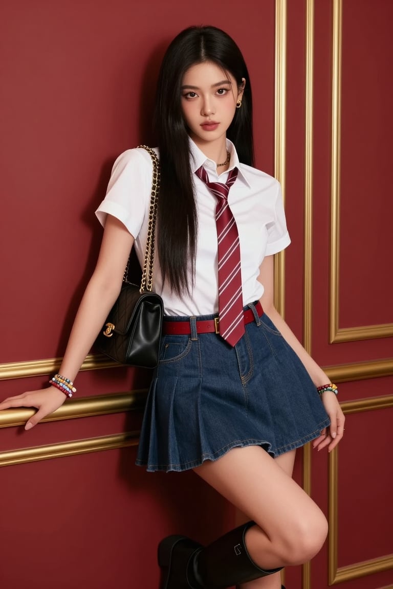 A waist-up portrait of a young woman in a stylized schoolgirl-inspired outfit,  leaning casually against a polished gold r...