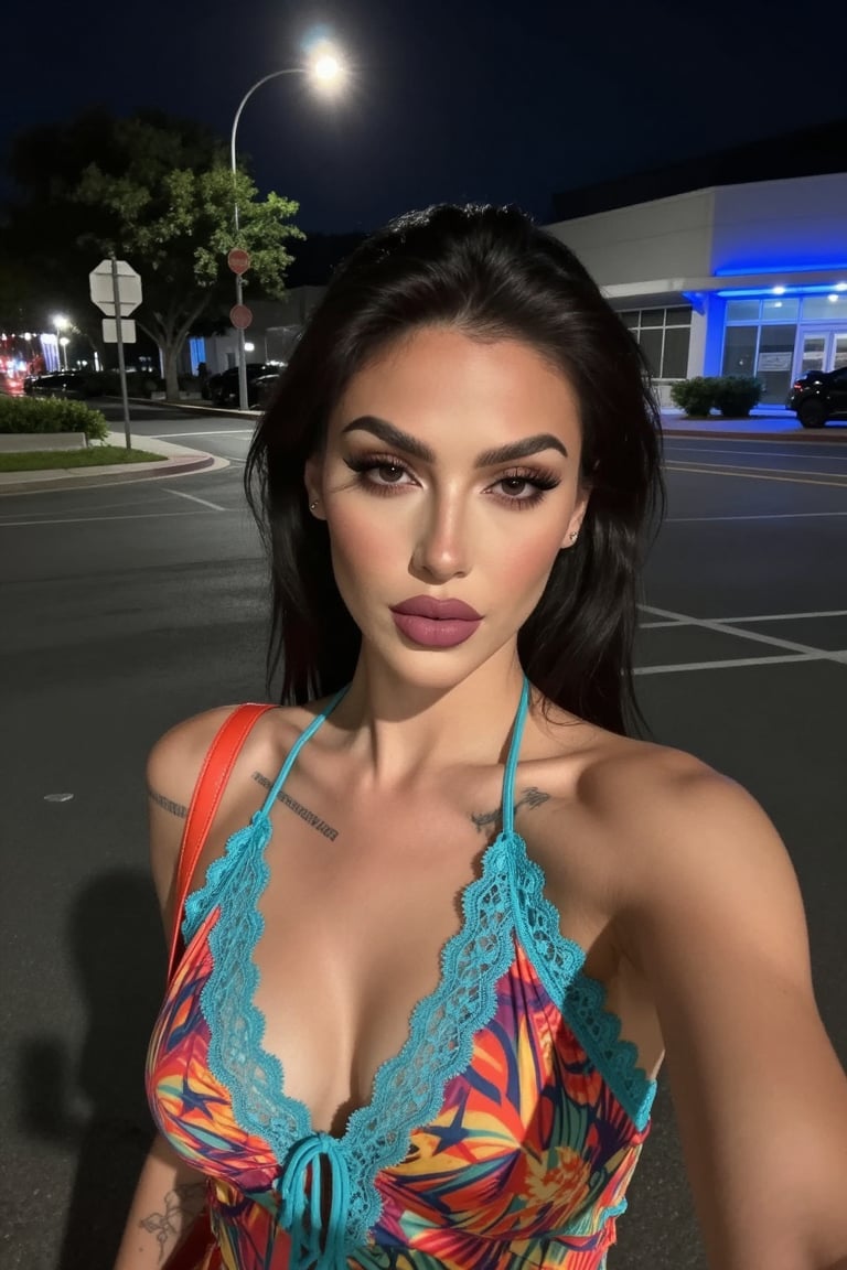 A confident woman with dark,  side parted hair and bold makeup—defined brows,  long lashes by Nini on Tensor.Art