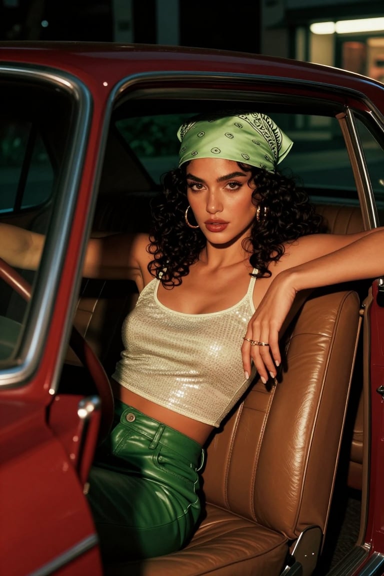 SUBJECT: A young woman with dark,  curly hair wearing a light green patterned bandana,  gold earrings by Nini on Tensor.Art