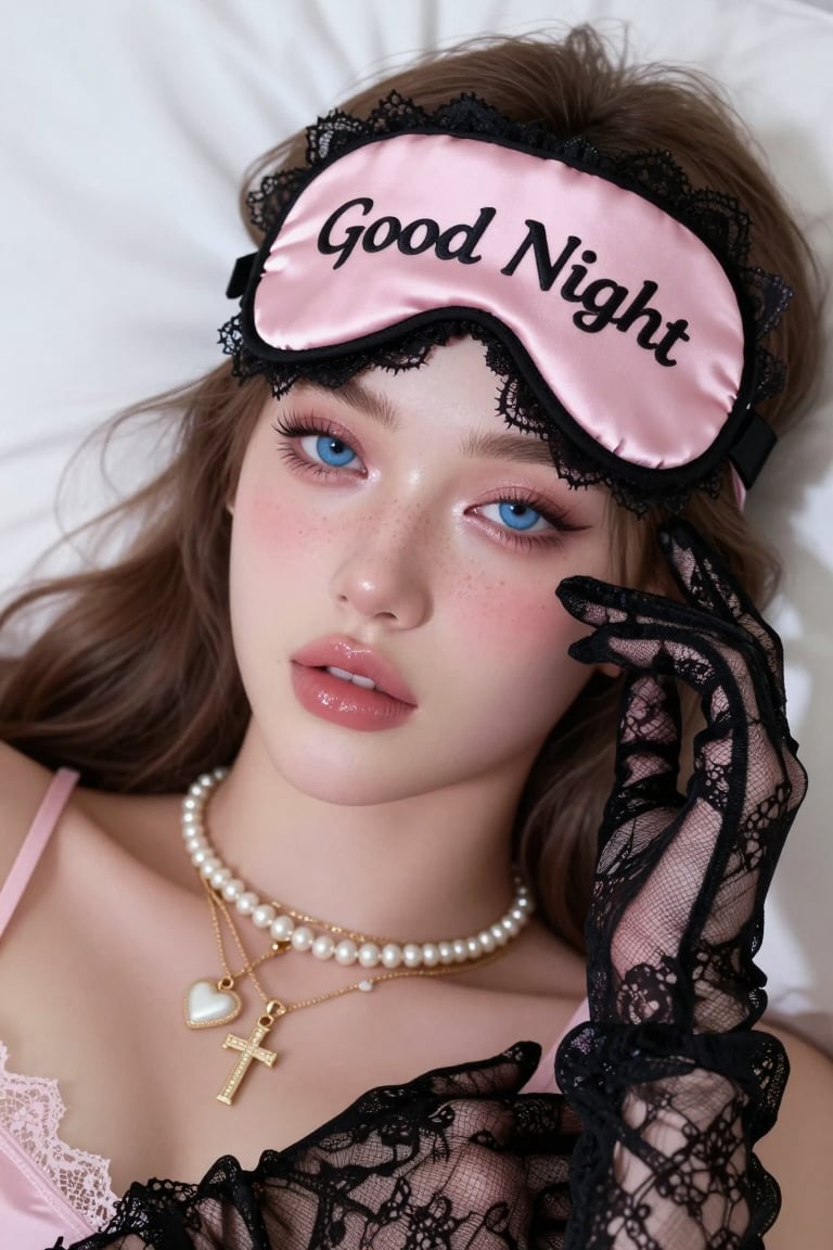 SUBJECT: A young woman with striking blue eyes and full,  glossy lips,  wearing a pink satin "Good Night" sleep mask with...