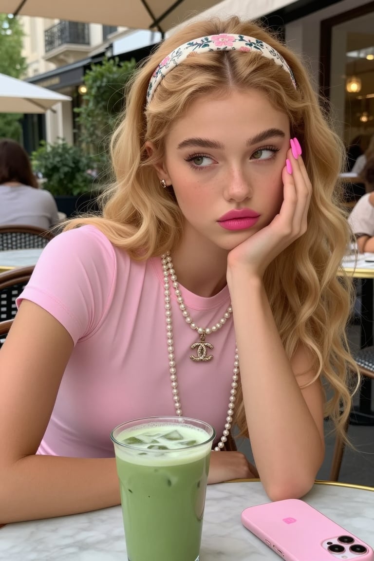 A close-up shot of a pampered 21-year-old woman at an outdoor café in a wealthy neighborhood. She has long,  wavy honey-bl...