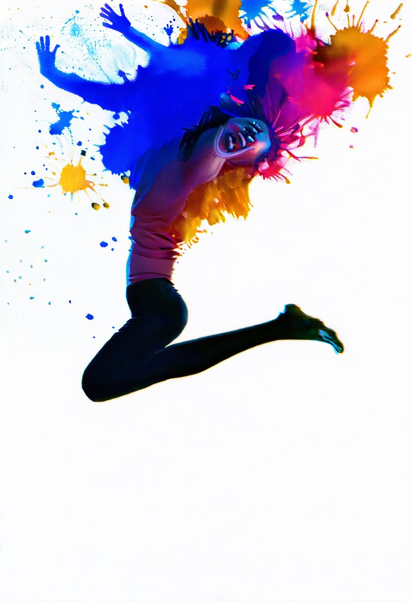softwatercolor,  a dynamic full-body shot of a woman caught mid-leap,  arms thrown wide to the sky with a brilliant by rii...