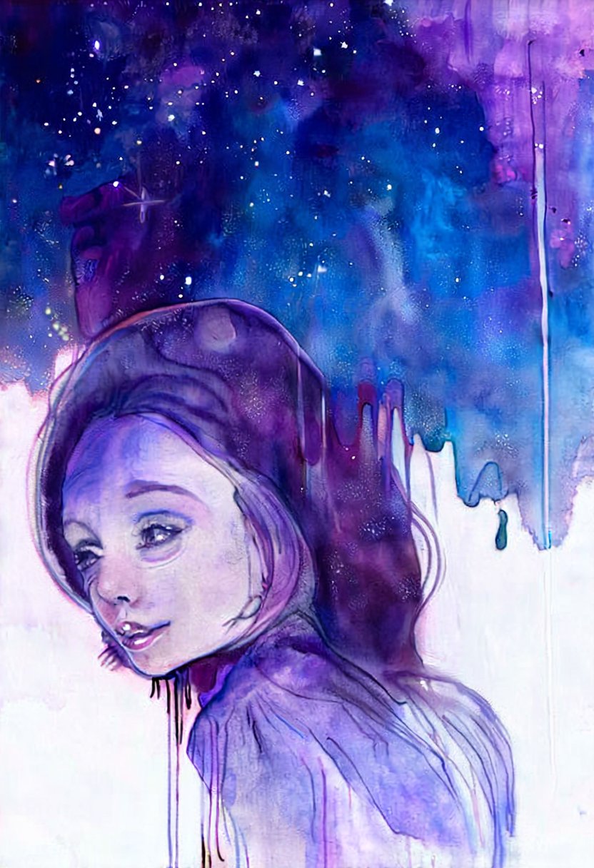 softwatercolor,  a woman viewed from a low angle,  her head tilted directly upward toward a vast sky by riiwa on Tensor.Art