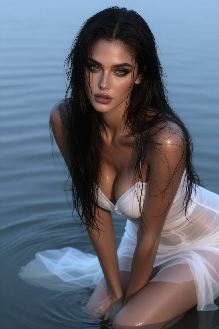 A woman with long,  dark,  wet hair kneels on a calm body of water by Nini on Tensor.Art