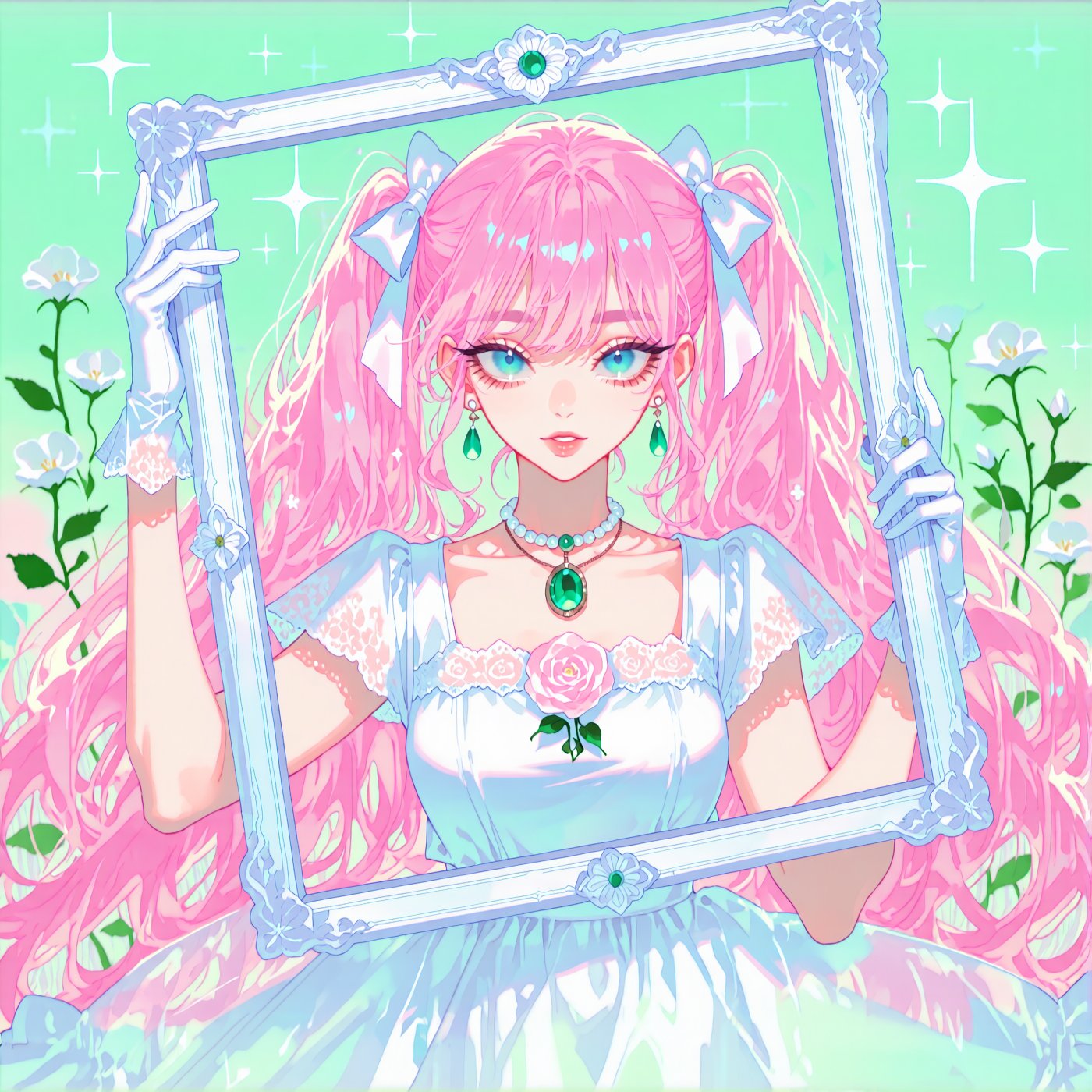 A Japanese shojo manga magazine cover illustration,  composition pastel background with sparkles,  sweet theme throughout....