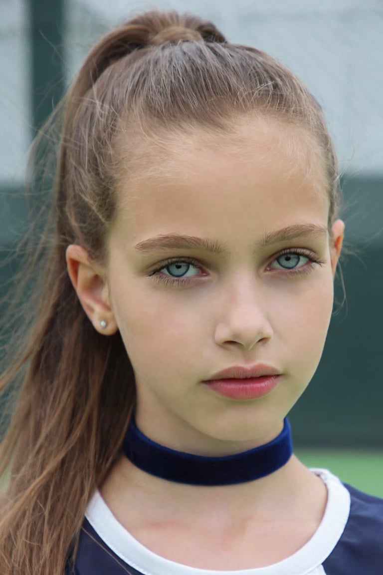 Close-up portrait of a young girl,  KaliceOlesnikova. She is wearing a tennis uniform and a choker,  her hair is in a pony...