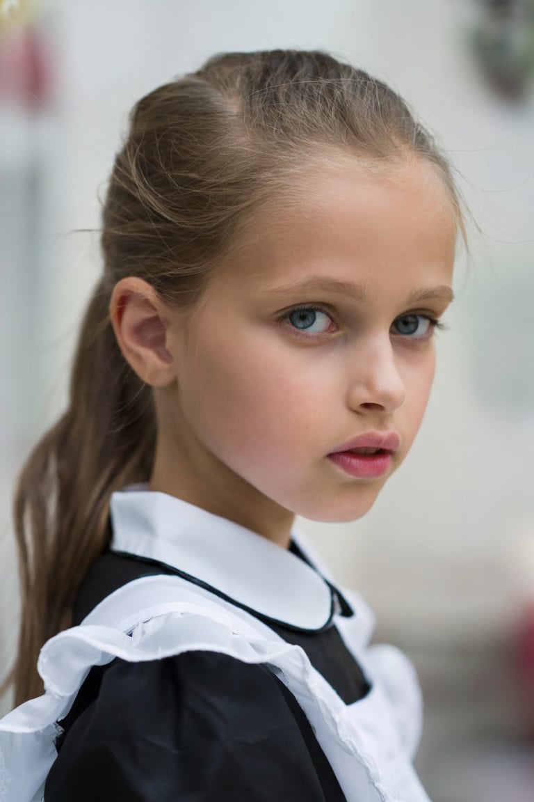 Close-up portrait of a young girl,  KaliceOlesnikova. She is wearing a maid uniform,  her hair is in a ponytail. by turnbo...