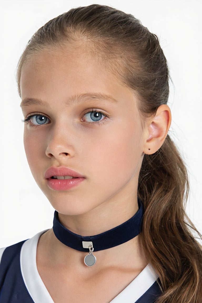 Close-up portrait of a young girl,  KaliceOlesnikova. She is wearing a tennis uniform and a choker,  her hair is in a pony...