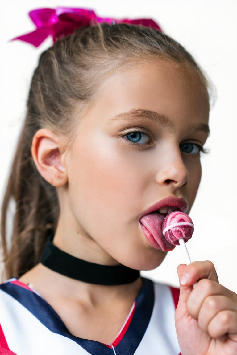 Close-up portrait of a young girl,  KaliceOlesnikova. She is wearing a cheerleader uniform and a choker,  her hair is in a...