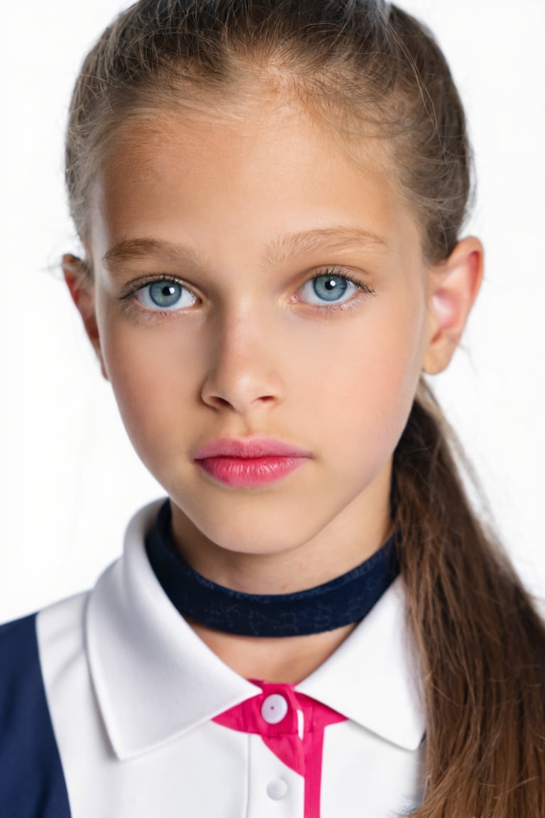 Close-up portrait of a young girl,  KaliceOlesnikova. She is wearing a tennis uniform and a choker,  her hair is in a pony...