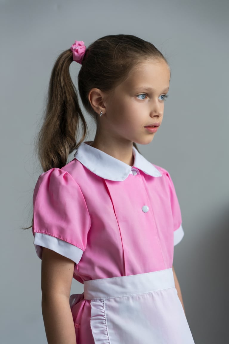 Portrait of a young girl,  KaliceOlesnikova. She is wearing a pink maid uniform,  her hair is in a ponytail. by turnbo on...
