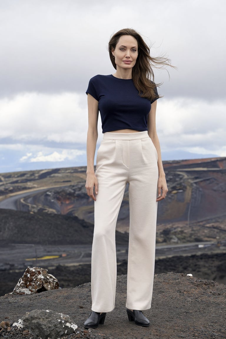 Anjelina Jolie standing on a Washington state volcanic rock overlook,  navy crop top,  cream trousers by Mahima on Tensor.Art