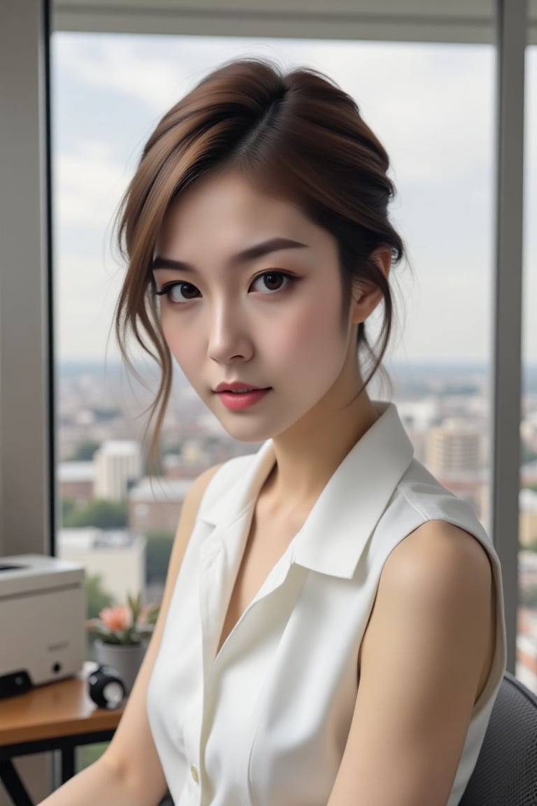 attractive office secretary,  sleeveless white blouse,  sleek hairstyle by MOLDANMR on Tensor.Art