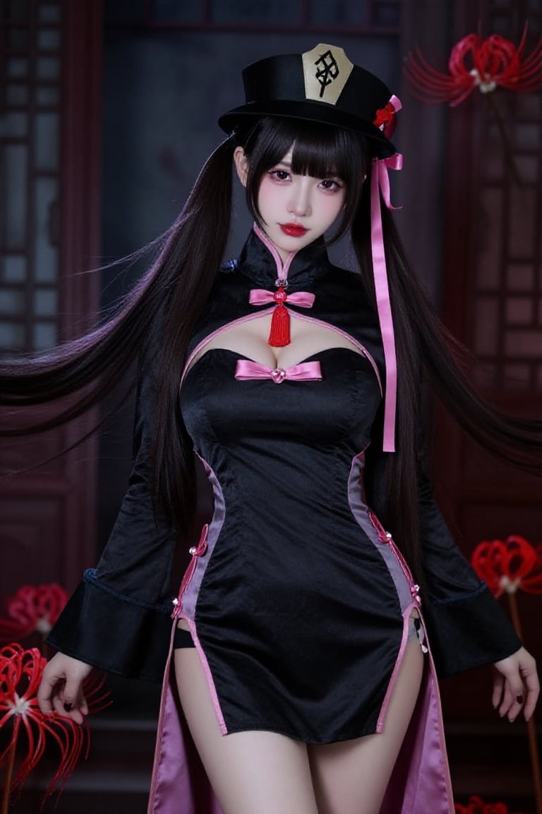 Create a detailed image of a lone girl with long,  flowing black hair and large breasts. She has bangs that frame her face...