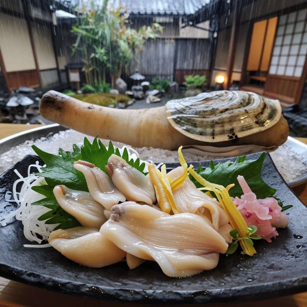 超寫實電影級日本料理攝影,  描繪Geoduck sashimi（象拔蚌刺身）與 Whole Geoduck（整隻象拔蚌）,  場景設定於京都傳統町家改建的高級懷石料亭內庭雨夜環境 by Antu2025 on Tensor.Art