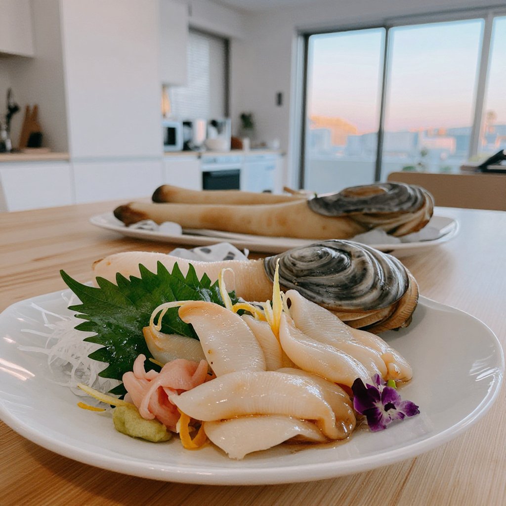 超寫實電影級日本料理攝影,  描繪Geoduck sashimi（象拔蚌刺身）與 Whole Geoduck（整隻象拔蚌）,  場景設定於日本現代極簡風居家公寓的清晨餐桌環境 by Antu2025 on Tensor.Art