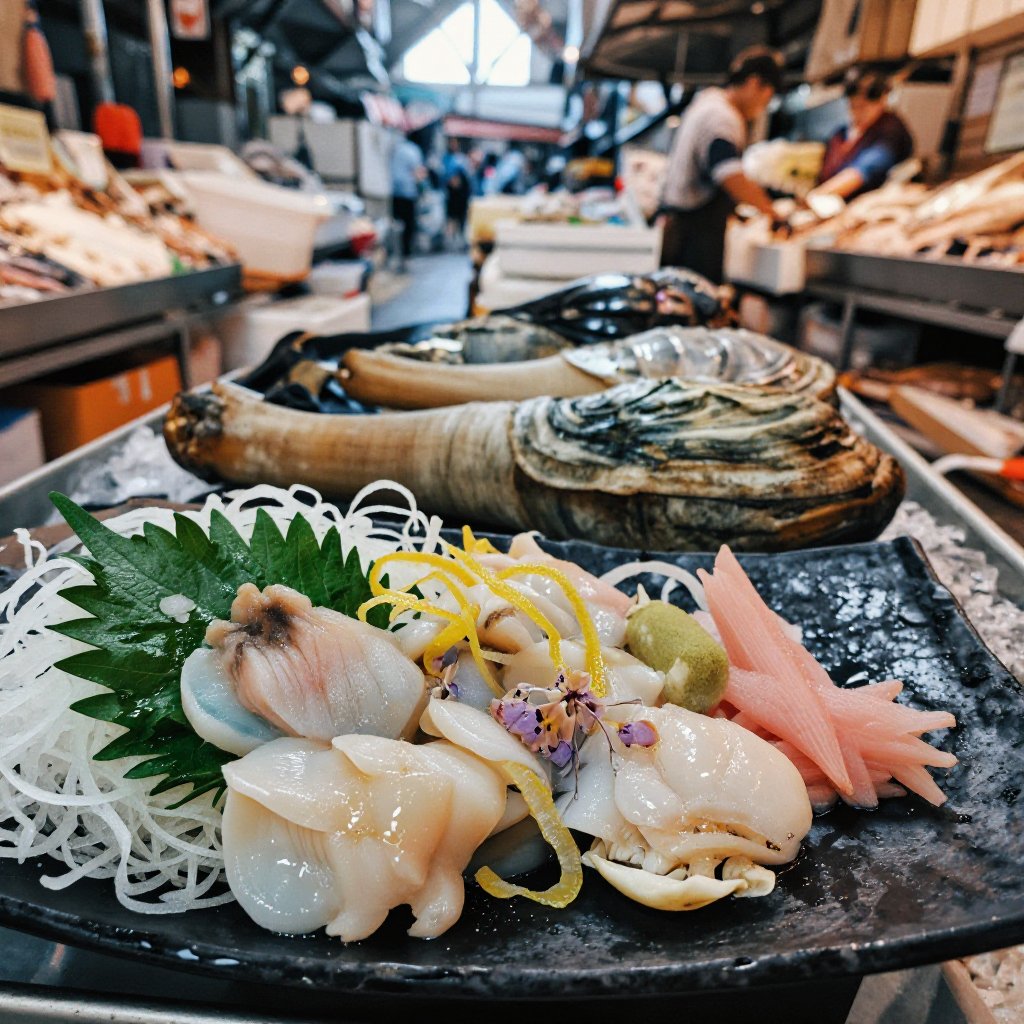 超寫實電影級日本料理攝影,  描繪Geoduck sashimi（象拔蚌刺身）與 Whole Geoduck（整隻象拔蚌）,  場景設定於日本清晨海鮮批發市場（魚市場）室內環境 by Antu2025 on Tensor.Art