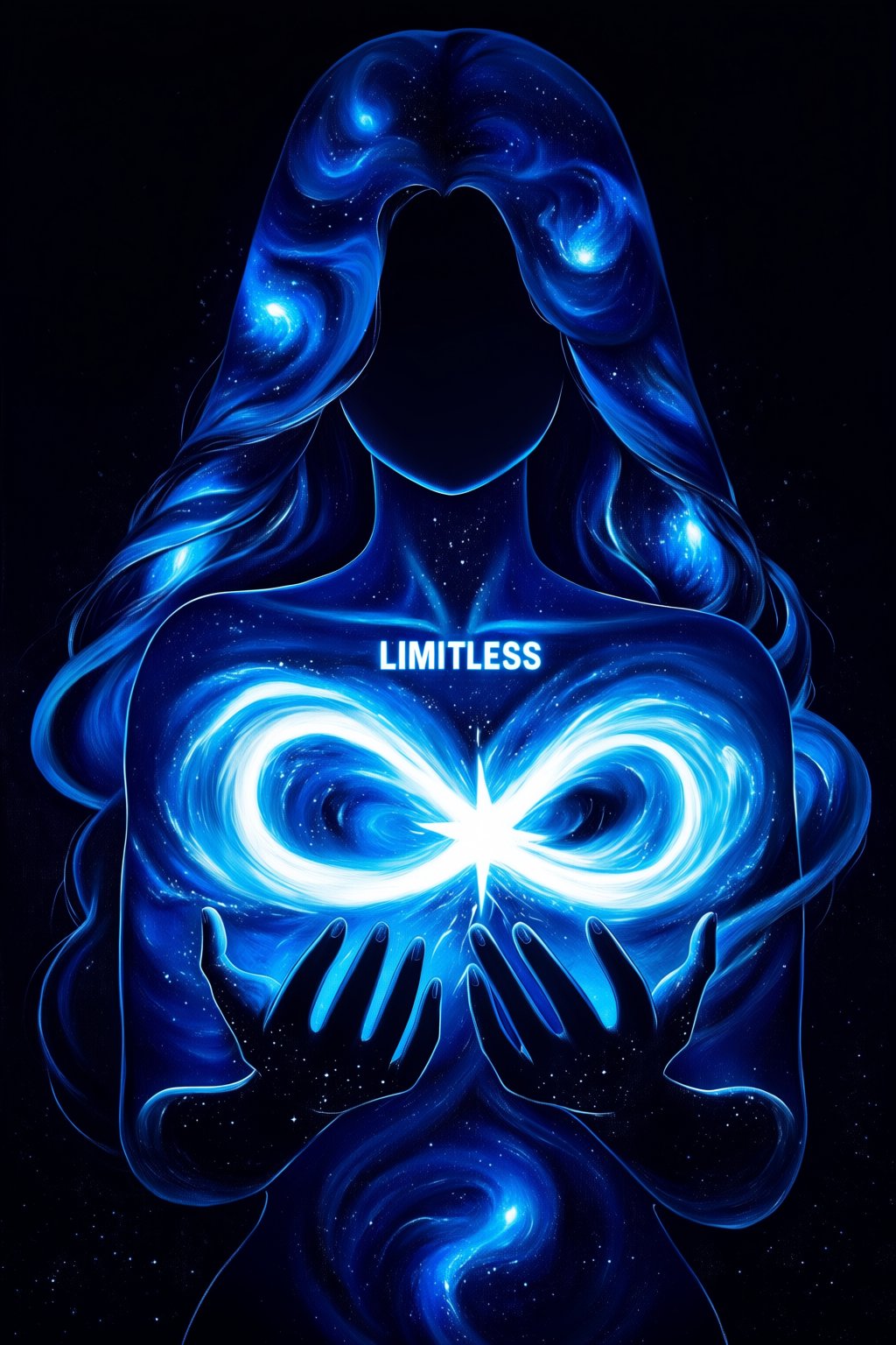 masterpiece,  very aesthetic,  A white glowing text on the woman chest saying "LIMITLESS" by Zaey on Tensor.Art