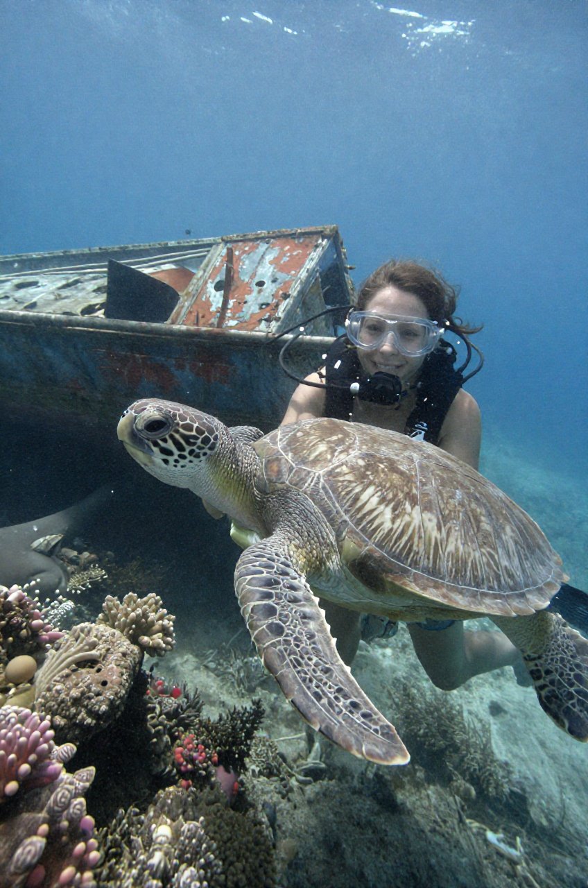 a close-up of female diver holds a turtle,  submerged,  turtle by ArteByJH on Tensor.Art