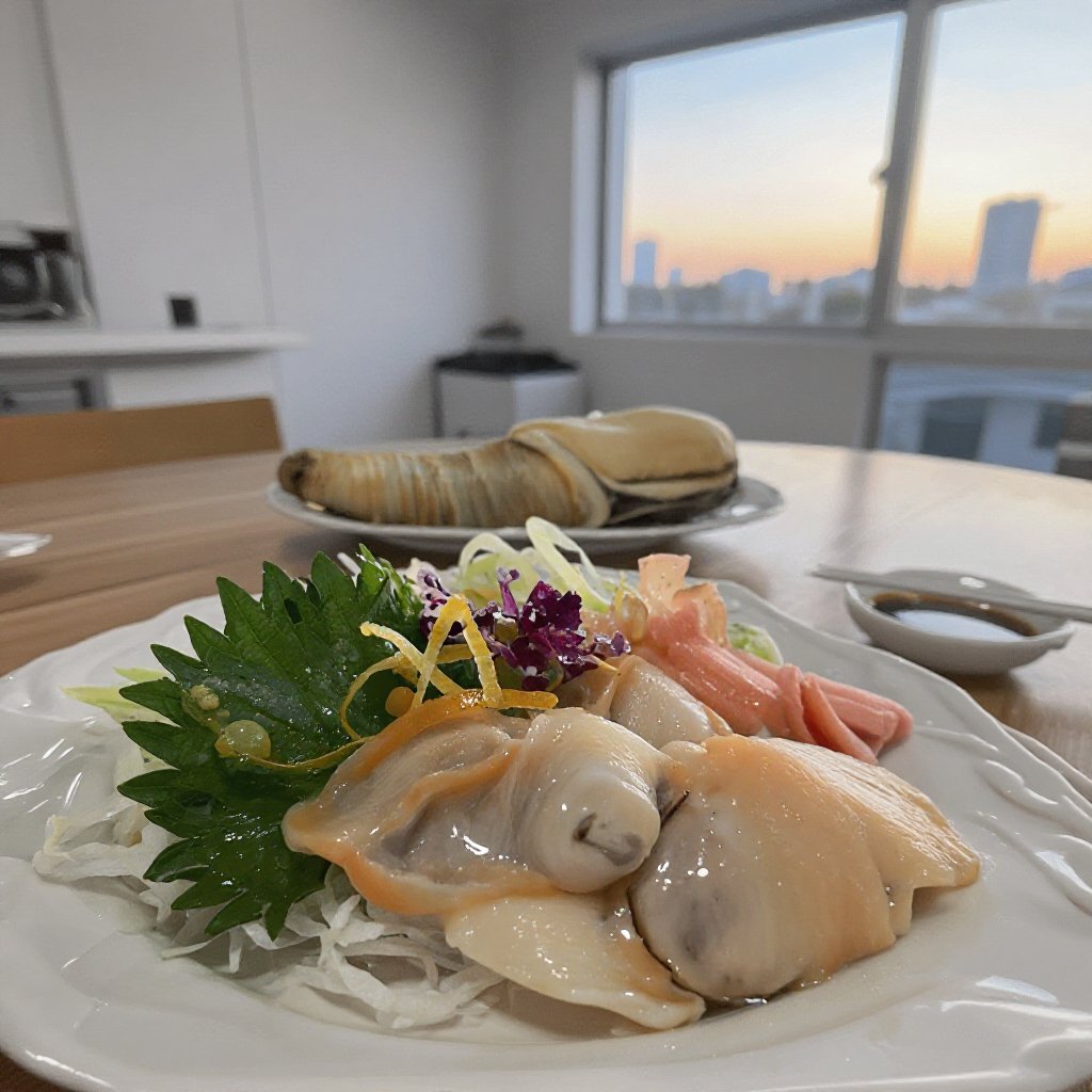 超寫實電影級日本料理攝影,  描繪Geoduck sashimi（象拔蚌刺身）與 Whole Geoduck（整隻象拔蚌）,  場景設定於日本現代極簡風居家公寓的清晨餐桌環境 by Antu2025 on Tensor.Art