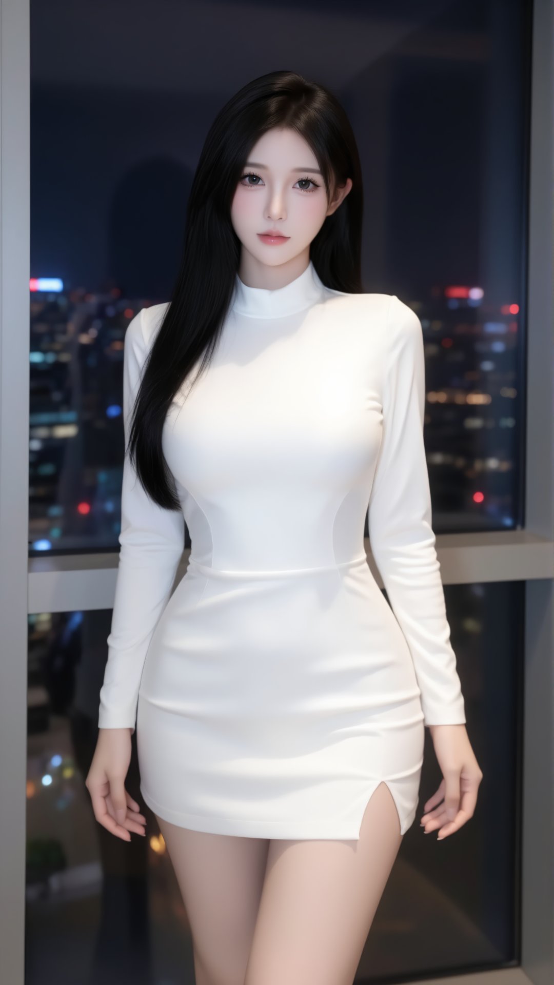 photograph of an east asian woman with long,  straight black hair,  standing in a modern by Dragon God on Tensor.Art