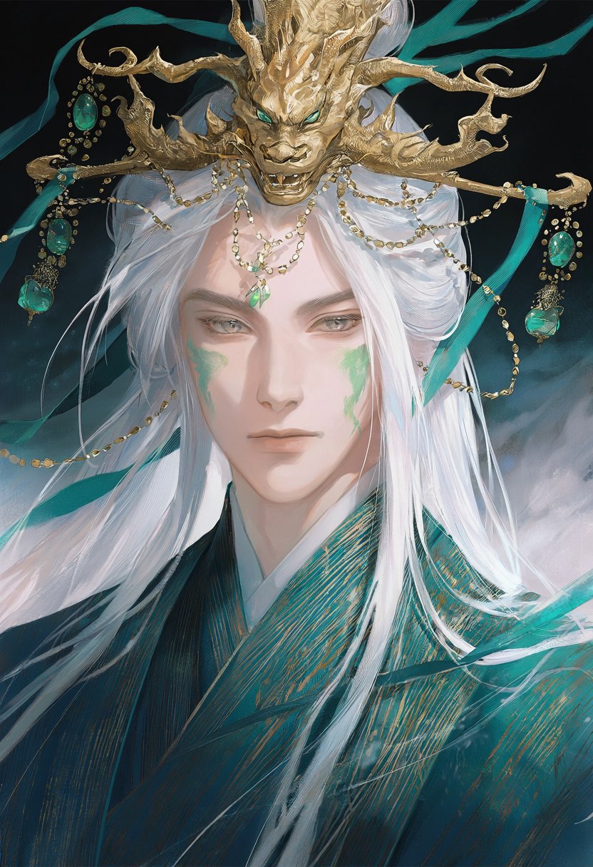 kd1u,  male with long silver-white hair tied with jade green ribbon,  soft grey eyes with golden flecks by MissFidonyo on...