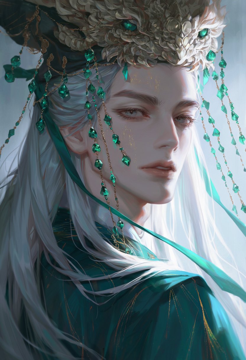 zer0q,  male with long silver-white hair tied with jade green ribbon,  soft grey eyes with golden flecks by MissFidonyo on...