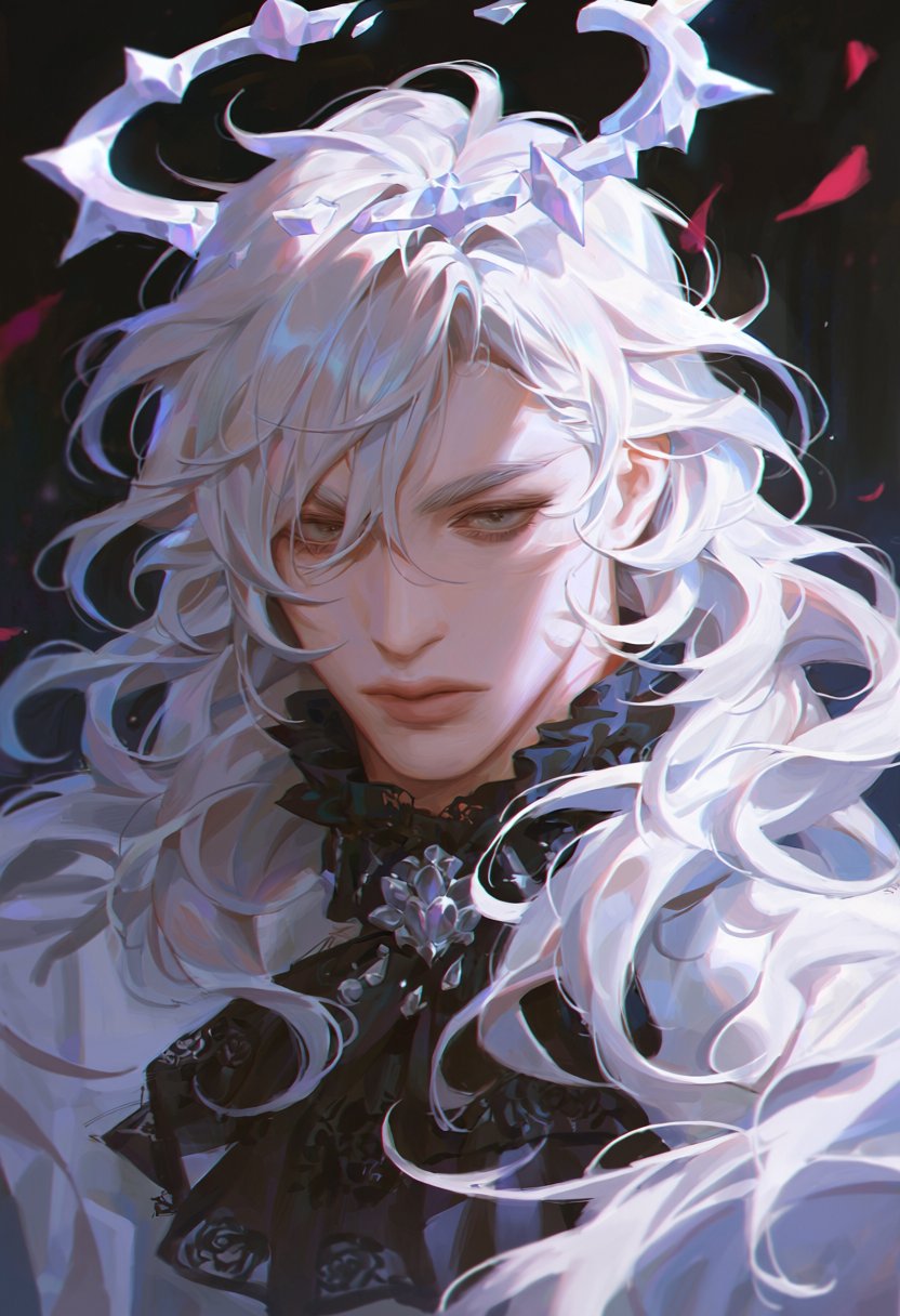 zer0q,  1boy,  rose court angel with white hair by MissFidonyo on Tensor.Art
