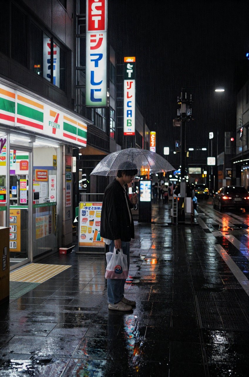 Real-life photograph of a rainy night in a Japanese city. A young man stands under a clear umbrella next to a brightly ill...