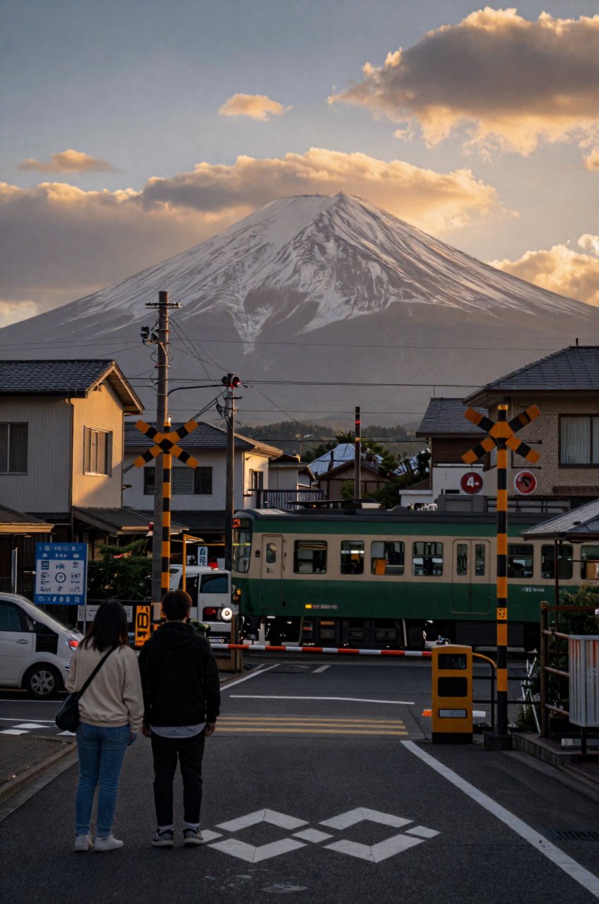 Real-life photograph of a Japanese neighborhood street winding up towards a massive view of Mount Fuji at sunset. A green...