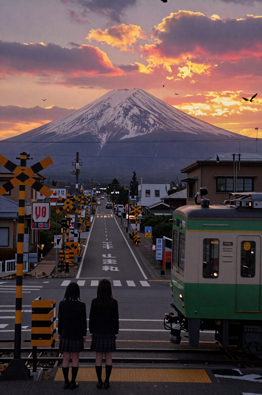 a Japanese town street at sunset. In the foreground,  two high school students in uniforms stand at a railroad crossing wa...
