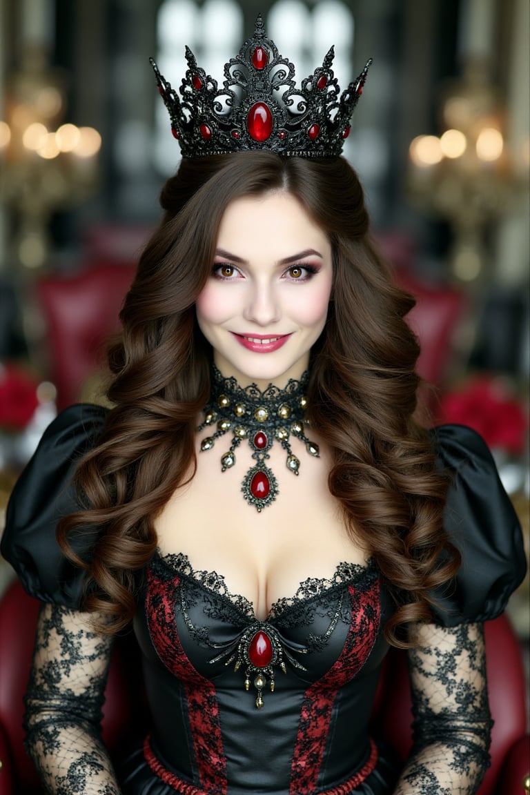 Dark gothic fantasy queen portrait,  beautiful confident woman with warm brown eyes,  mysterious smile by VisionBlue on Te...