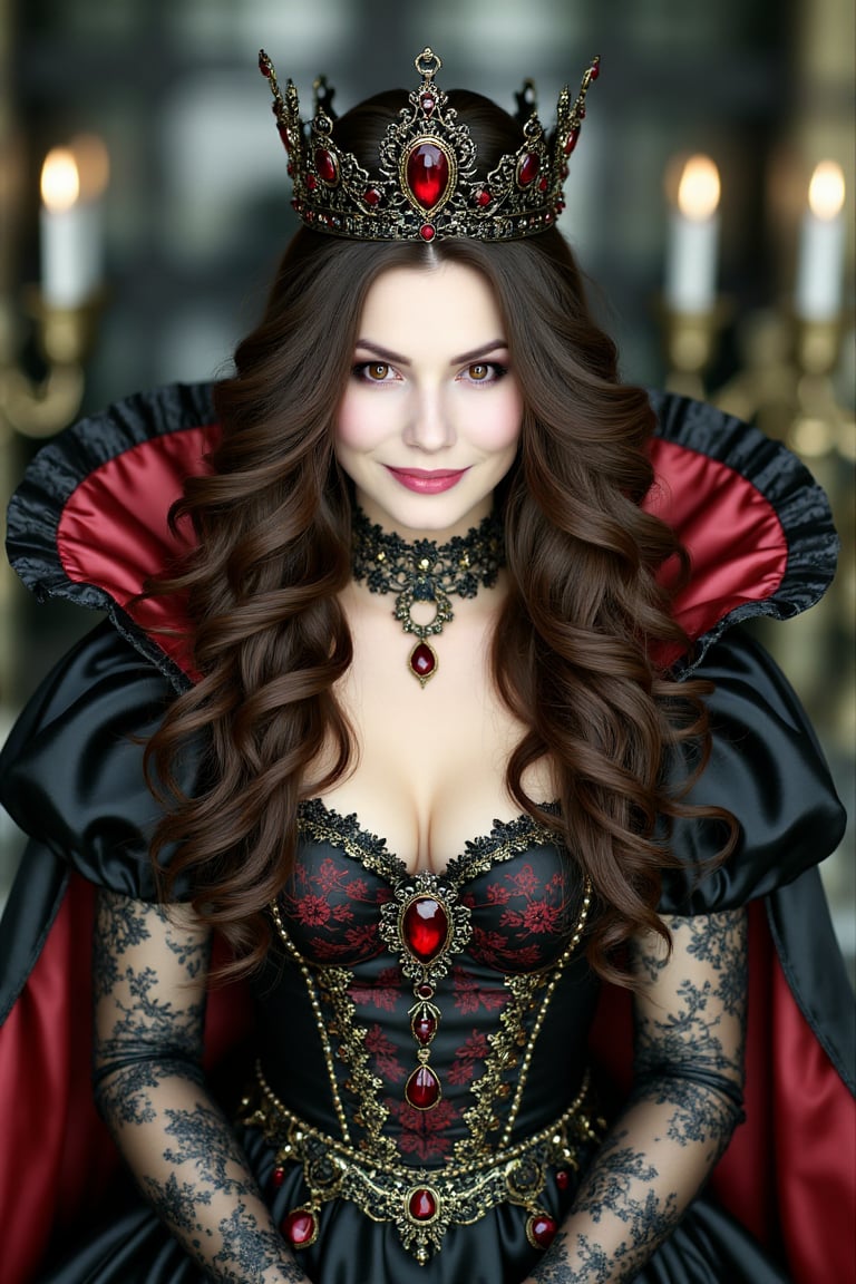 Dark gothic fantasy queen portrait,  beautiful confident woman with warm brown eyes,  mysterious smile by VisionBlue on Te...