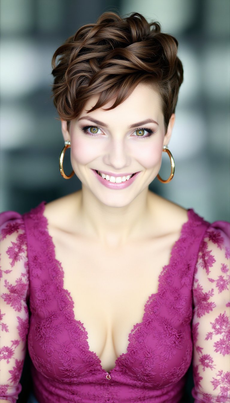 Create a portrait of a beauty woman in her late 30s with a confident warm smile,  piercing green eyes with subtle smokey e...