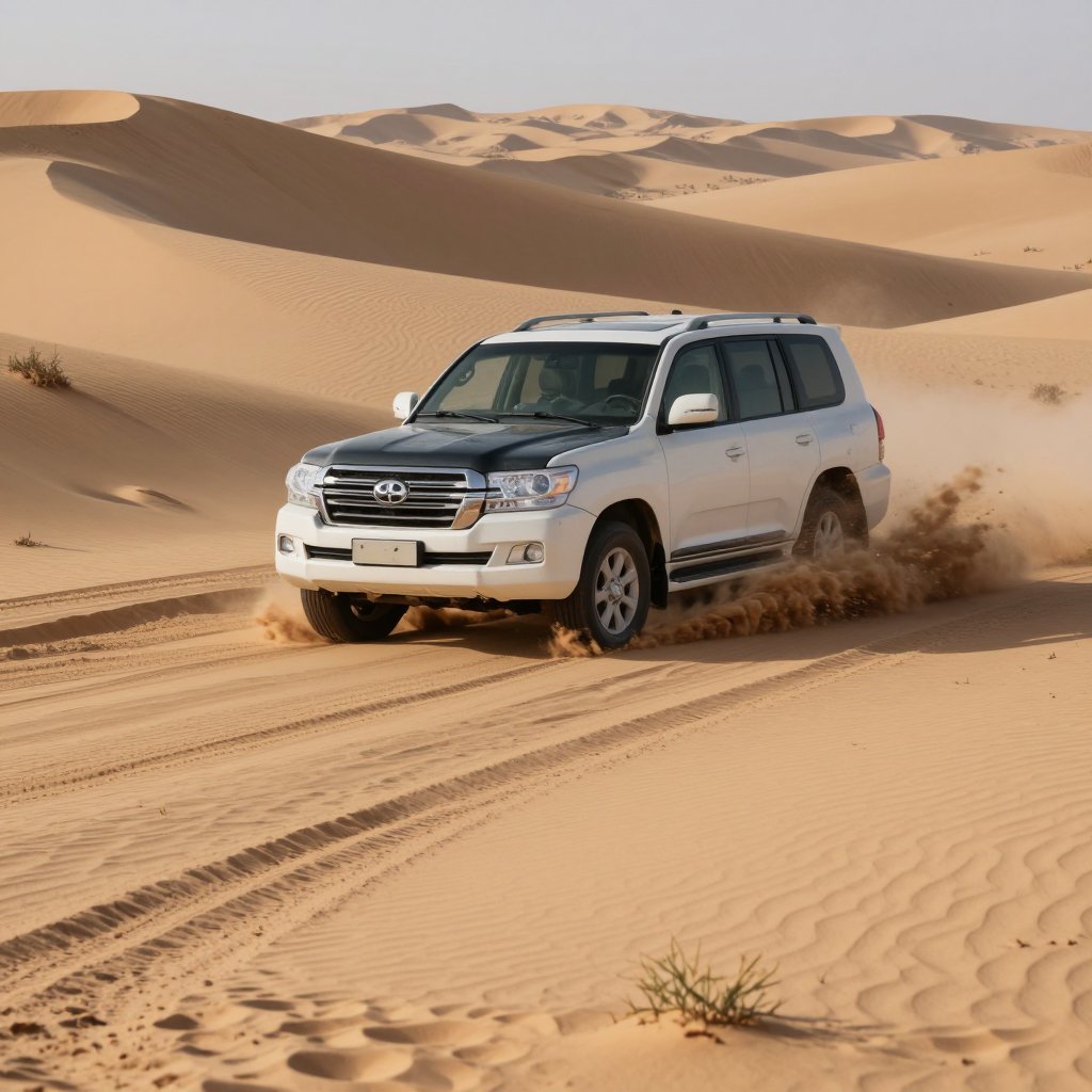 A white SUV kicks up a cloud of sand as it maneuvers through the undulating dunes of a desert landscape. by Synthwave on T...