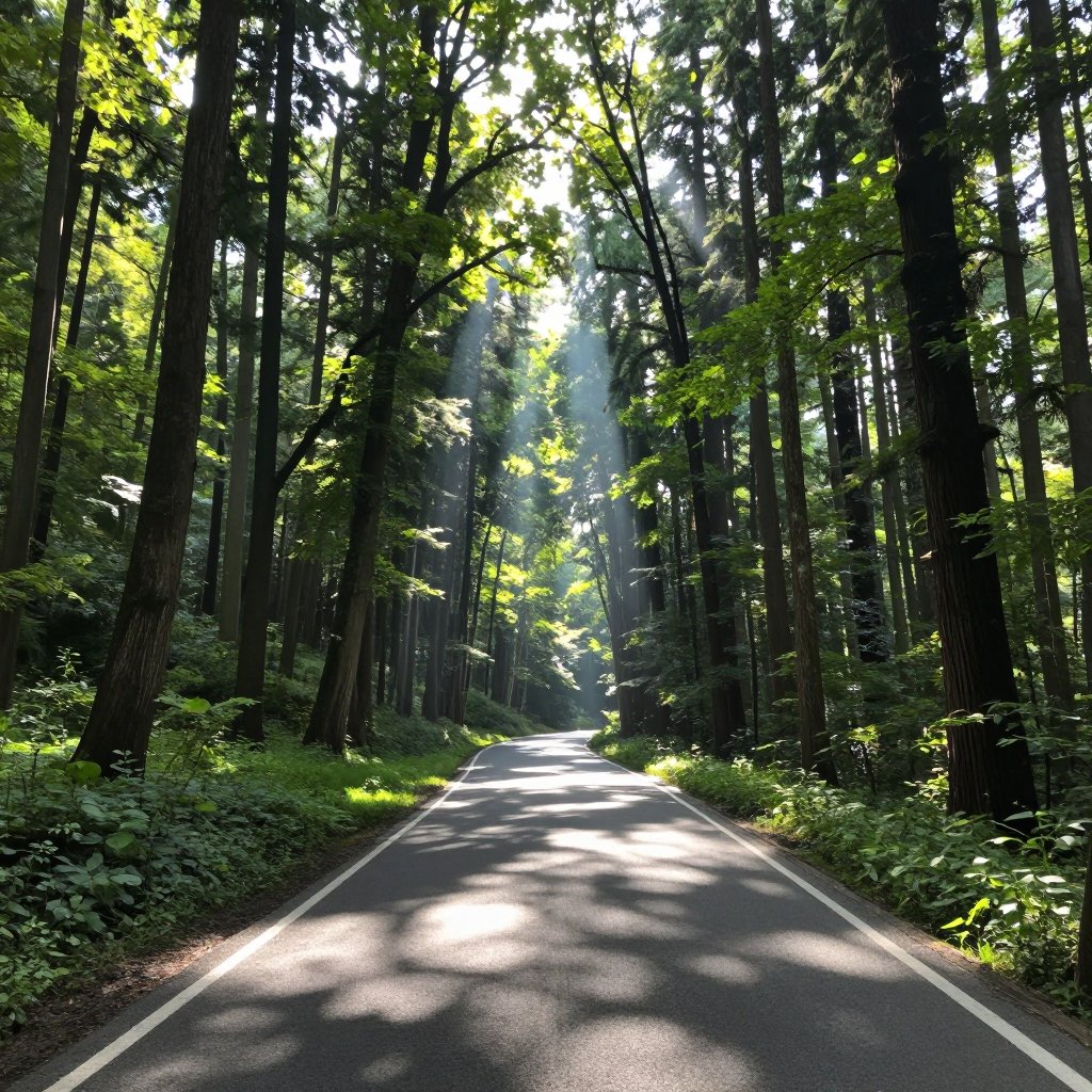 A winding road cuts through a dense forest,  illuminated by beams of sunlight filtering through tall,  verdant trees. by S...