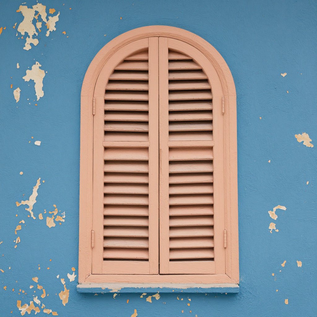 A decorative,  arched window with wooden shutters painted in a soft peach color,  set against a vibrant blue wall showing...