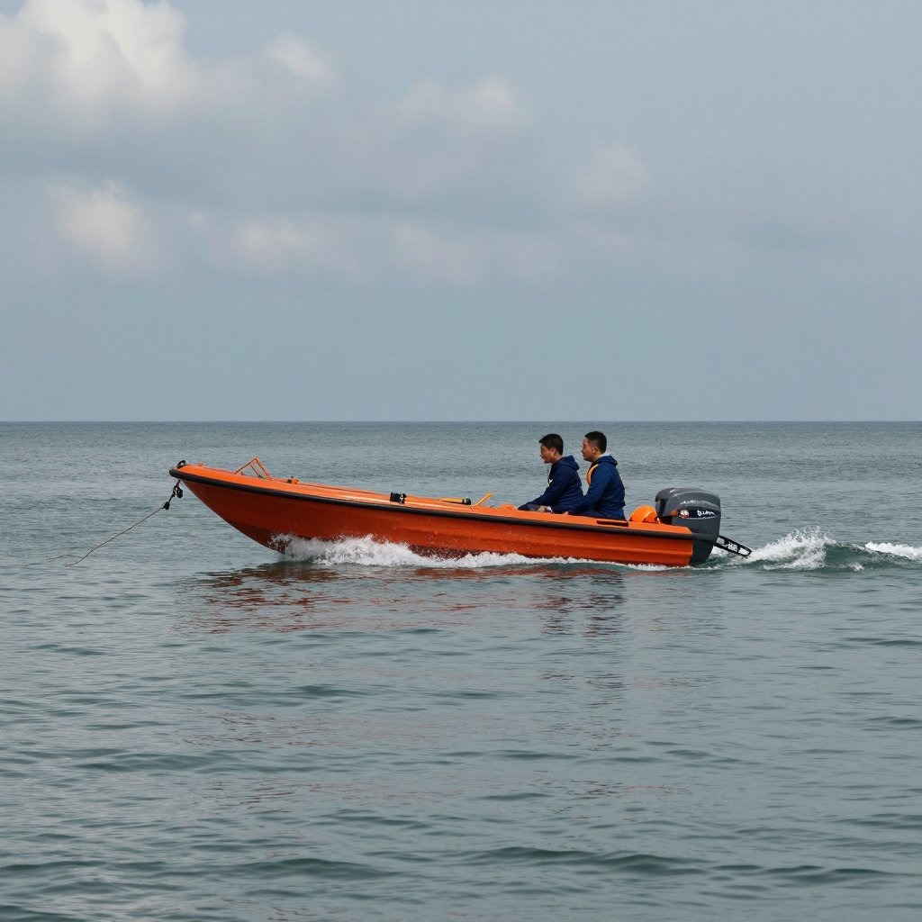 Two people in a bright orange boat are being towed by a motorboat,  with a calm sea and cloudy sky in the background. by S...