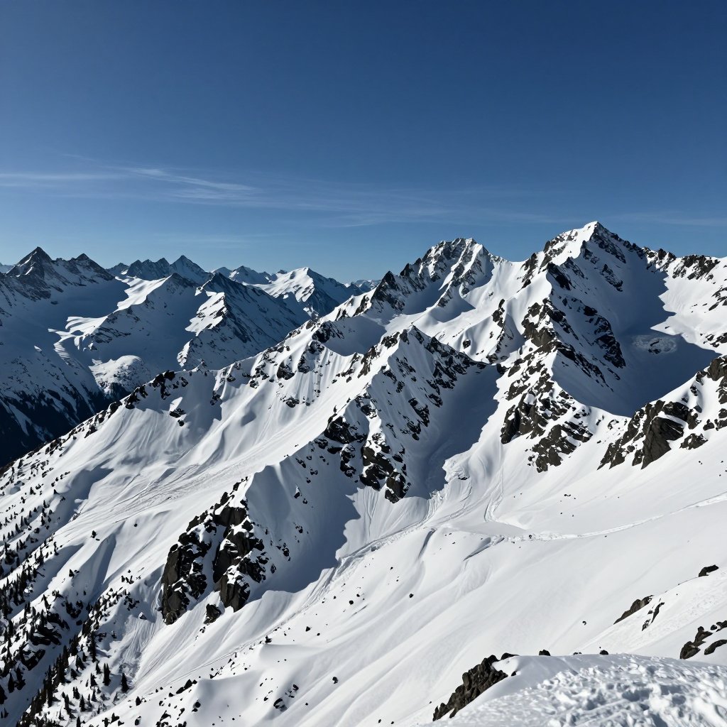 Snow-covered mountain peaks stretch across the horizon under a clear blue sky,  with rugged terrain creating depth and tex...