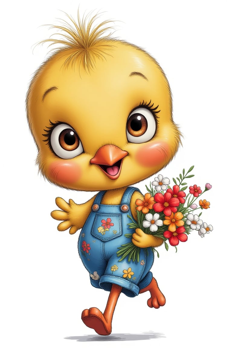 The image shows a whimsical,  cartoon-style character resembling a small yellow bird with large,  expressive eyes and a tu...