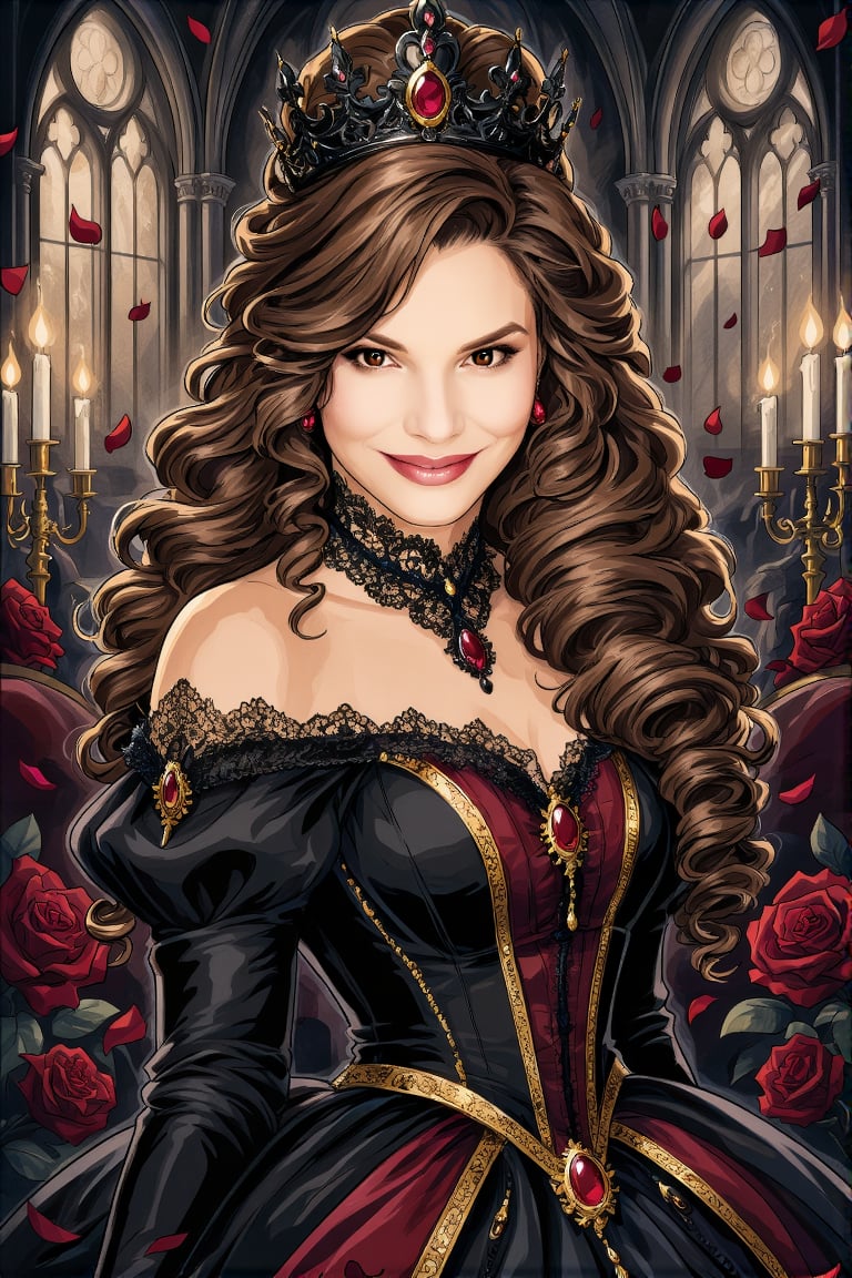 Dark gothic fantasy queen portrait,  beautiful confident woman with warm brown eyes,  mysterious smile by VisionBlue on Te...