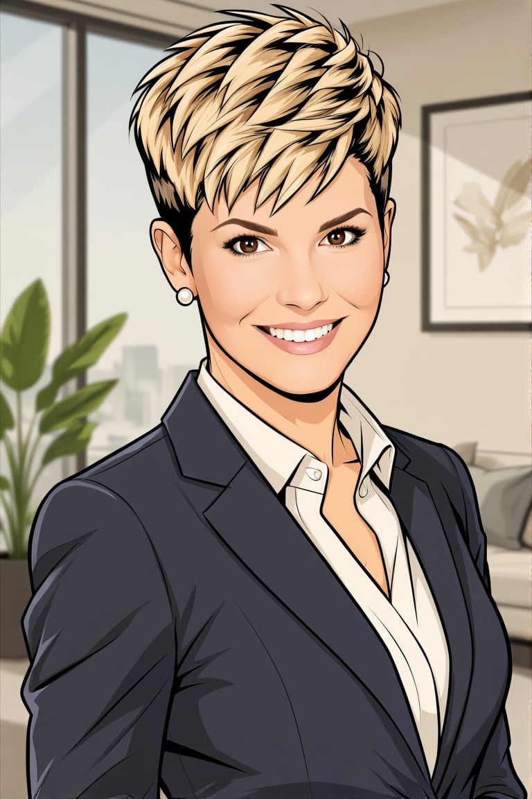 Clear-line European comic style portrait of a professional confident woman,  warm brown eyes,  friendly smile by VisionBlu...